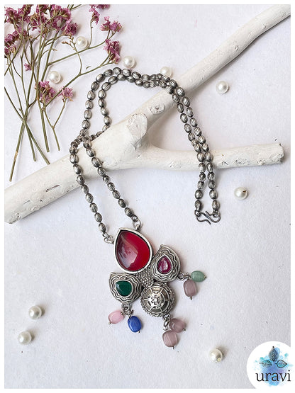 Amar Prem - Oxidised Silver Replica Stone Studded Long Necklace Set